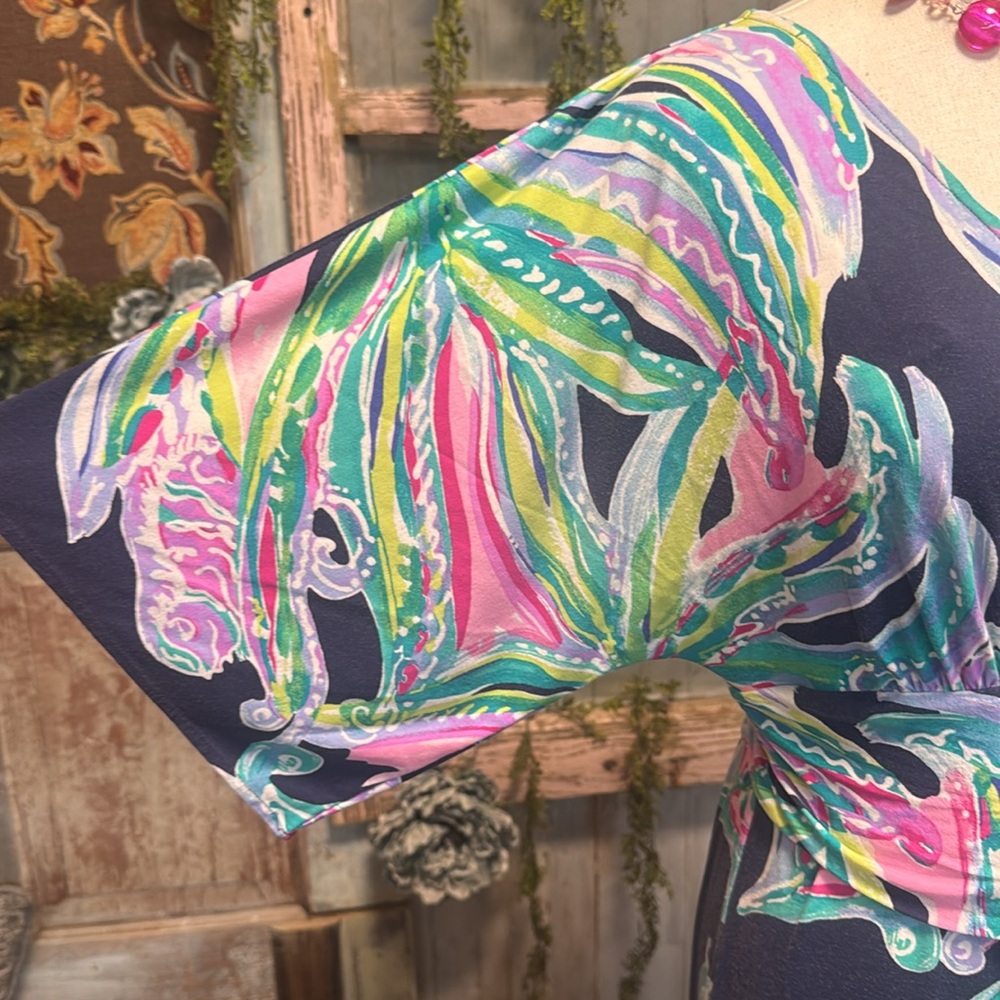 Lilly Pulitzer Wrap Maxi Dress Navy Pink Green Large - Picture 2 of 7
